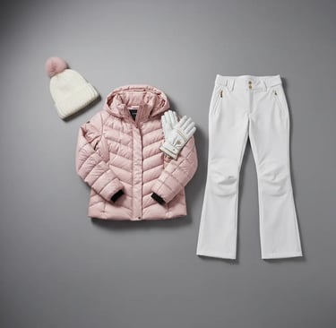 Flat lay of a complete women's ski outfit: light pink quilted jacket, white ski pants, matching glov