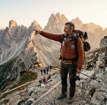 Experienced Dolomites mountain guide pointing toward rocky peaks at sunset