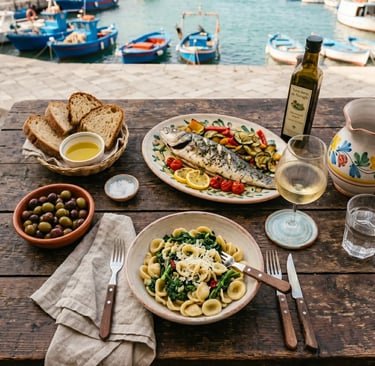 Orecchiette pasta, grilled fish, olives and white wine on wooden table by Puglia harbor