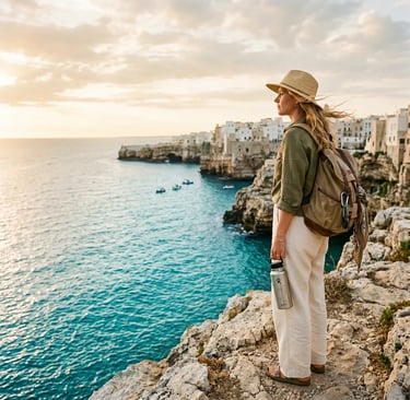 Woman with sun hat and refillable bottle on cliff above turquoise sea in Puglia, Italy