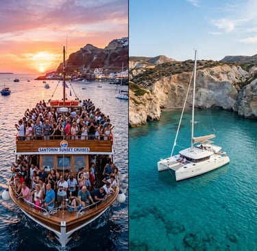 Comparison of packed Santorini tourist boat versus private catamaran in secluded Milos cove