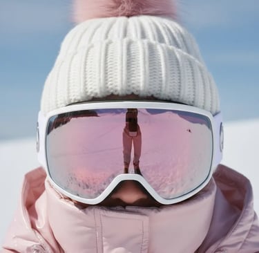 Close-up of a chic pink ski outfit featuring a white beanie with a pink pom-pom and rose-tinted refl