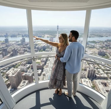 Romantic couple embracing and enjoying the panoramic city views from inside a private capsule on The