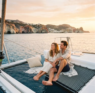 Couple in linen clothing relaxing on catamaran net at sunset, Milos coastline private sailing tour