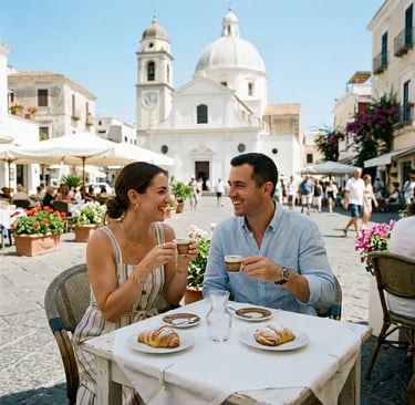 Couple drinking espresso at outdoor table in Capri Piazzetta with white church behind