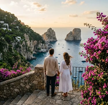 Couple at Capri viewpoint overlooking Faraglioni rocks during Capri boat tour free time at sunset