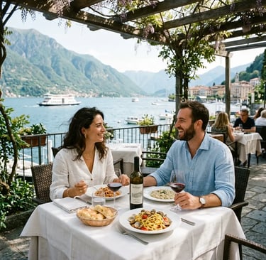 Couple enjoying Italian lunch at waterfront restaurant in Bellagio overlooking Lake Como