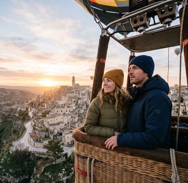 Couple in warm jackets enjoying sunrise Matera balloon flight over the Sassi