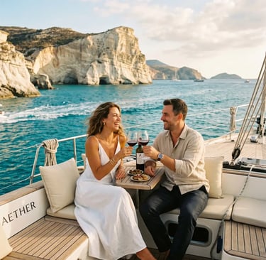 Two glasses of chilled Assyrtiko white wine on yacht deck with Pollonia village and turquoise sea, Milos