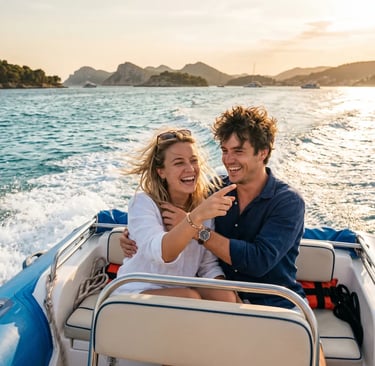 Happy couple laughing on speedboat tour in Croatia, Adriatic Sea at golden hour
