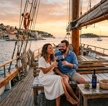 Couple enjoying Croatian red wine on a historic wooden sailing ship at sunset