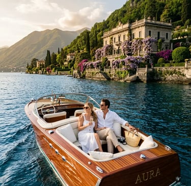 Couple enjoying private wooden boat tour past historic villa on Lake Como at sunset