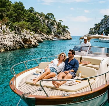 Couple relaxing on Azure Voyage Dubrovnik private speedboat in turquoise cove