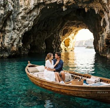 Couple on wooden boat inside sea grotto with turquoise water, Puglia Italy