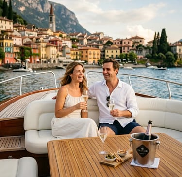 Couple enjoying prosecco on cushioned boat seating with Varenna waterfront behind