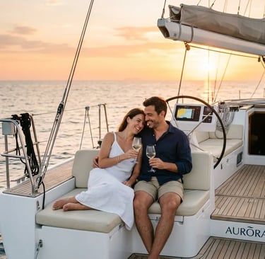 Couple sharing wine on a private sailing yacht in Barcelona at sunset