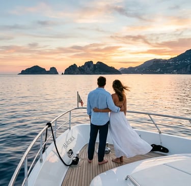 Couple standing at the bow of a luxury yacht watching sunset over Li Galli islands