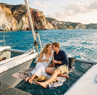 Couple relaxing with wine on premium catamaran deck near Milos cliffs at golden hour