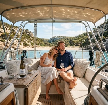 Couple enjoying wine under shaded cockpit on private sailing charter Menorca