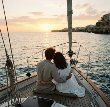 Couple sitting on boat bow watching sunset over Polignano a Mare coastline, Puglia