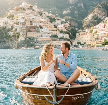 Couple toasting prosecco on a wooden boat with Positano village in the background