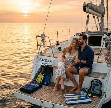 Couple enjoying wine on private boat tour from Split Croatia at golden hour sunset