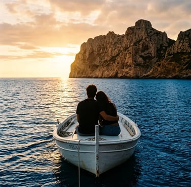 Couple sitting on dinghy bow facing Capo Teulada cliffs at golden hour