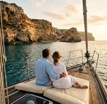 Couple relaxing on sun cushions during private sailing trip in Menorca