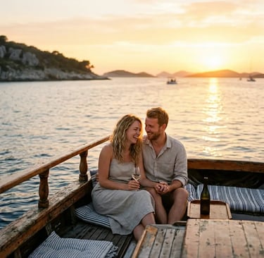 Romantic couple enjoying wine on wooden sailboat during golden sunset sail off Hvar Croatia