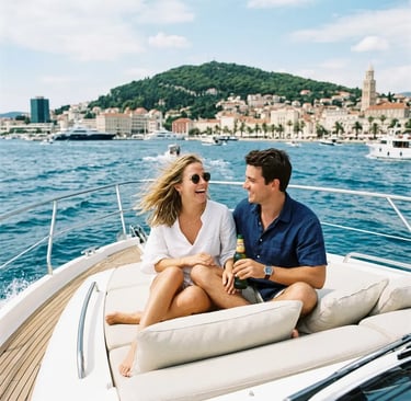Couple laughing on luxury speedboat bow with Split skyline and Marjan hill behind
