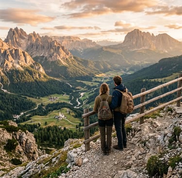 Two hikers with backpacks gazing at vast Dolomite valley at golden hour