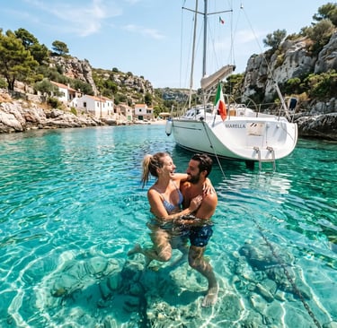 Happy couple embracing in turquoise water next to white sailboat in rocky cove