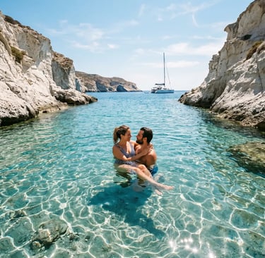 Couple embracing in crystal-clear turquoise water of secluded Milos cove with catamaran behind.