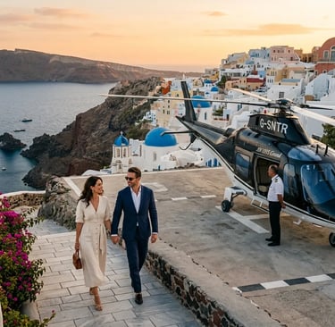 Couple walking toward private helicopter on Santorini helipad with caldera sunset view