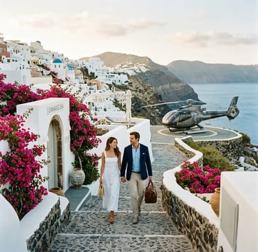 Couple walking to private helicopter from luxury hotel in Santorini Oia at sunset