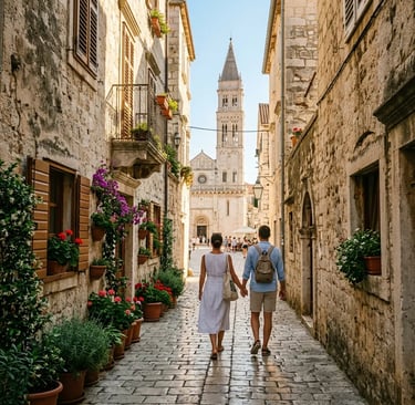 Couple walking through stone alley toward cathedral square in Trogir old town Croatia