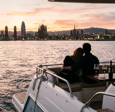 Couple watching Barcelona skyline at sunset from yacht stern with wine glasses