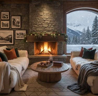 Rustic mountain resort interior with a large stone fireplace ablaze, surrounded by soft beige sofas 