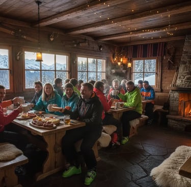 A group of friends enjoying a meal and drinks inside a cozy, rustic wooden mountain lodge with large