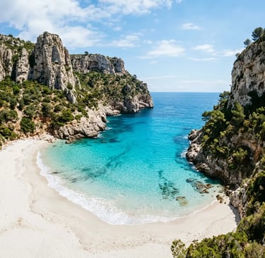 Cala Zafferano hidden white sand beach surrounded by limestone cliffs in Southern Sardinia
