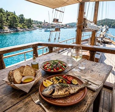 Locally sourced grilled fish lunch with salad and wine served on gulet deck Croatia