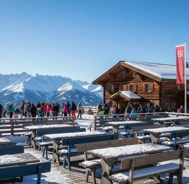 Sunny mountain terrace with alpine chalet and panoramic snowy peaks.