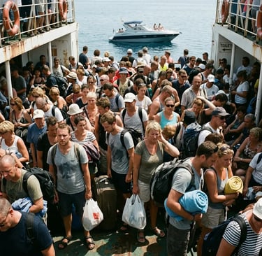 Crowded ferry deck packed with tourists while a small private boat passes nearby