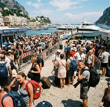 Crowded ferry terminal at Marina Grande Capri with tourists waiting in long lines during summer