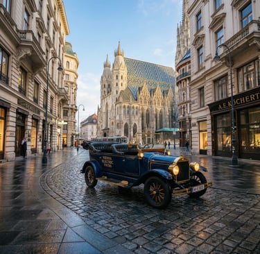 Navy blue vintage electric tour car parked on wet Vienna cobblestones, cathedral background