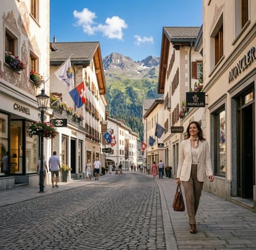 Well-dressed woman on St. Moritz cobblestone street past Chanel Gucci Moncler boutiques
