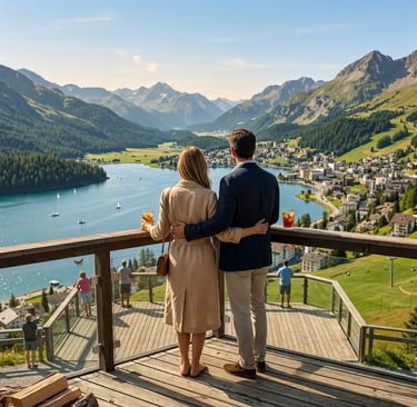 Elegant couple with drinks on wooden terrace overlooking St. Moritz lake and alpine valley