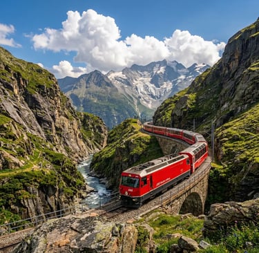 Red Bernina Express train crossing stone viaduct in Swiss Alps with glacier peaks behind