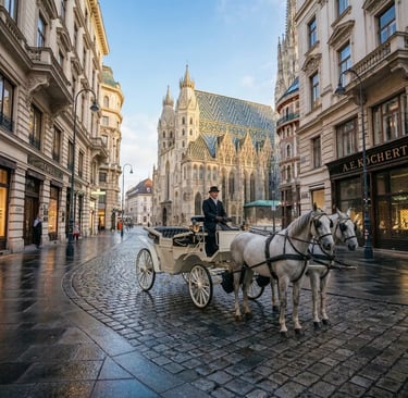 hite horse-drawn carriage on Vienna cobblestones with St. Stephen's Cathedral backdrop