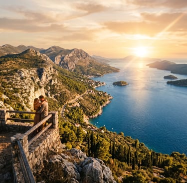 Couple embracing at scenic sunset viewpoint over Adriatic coastline during private Croatia tour
